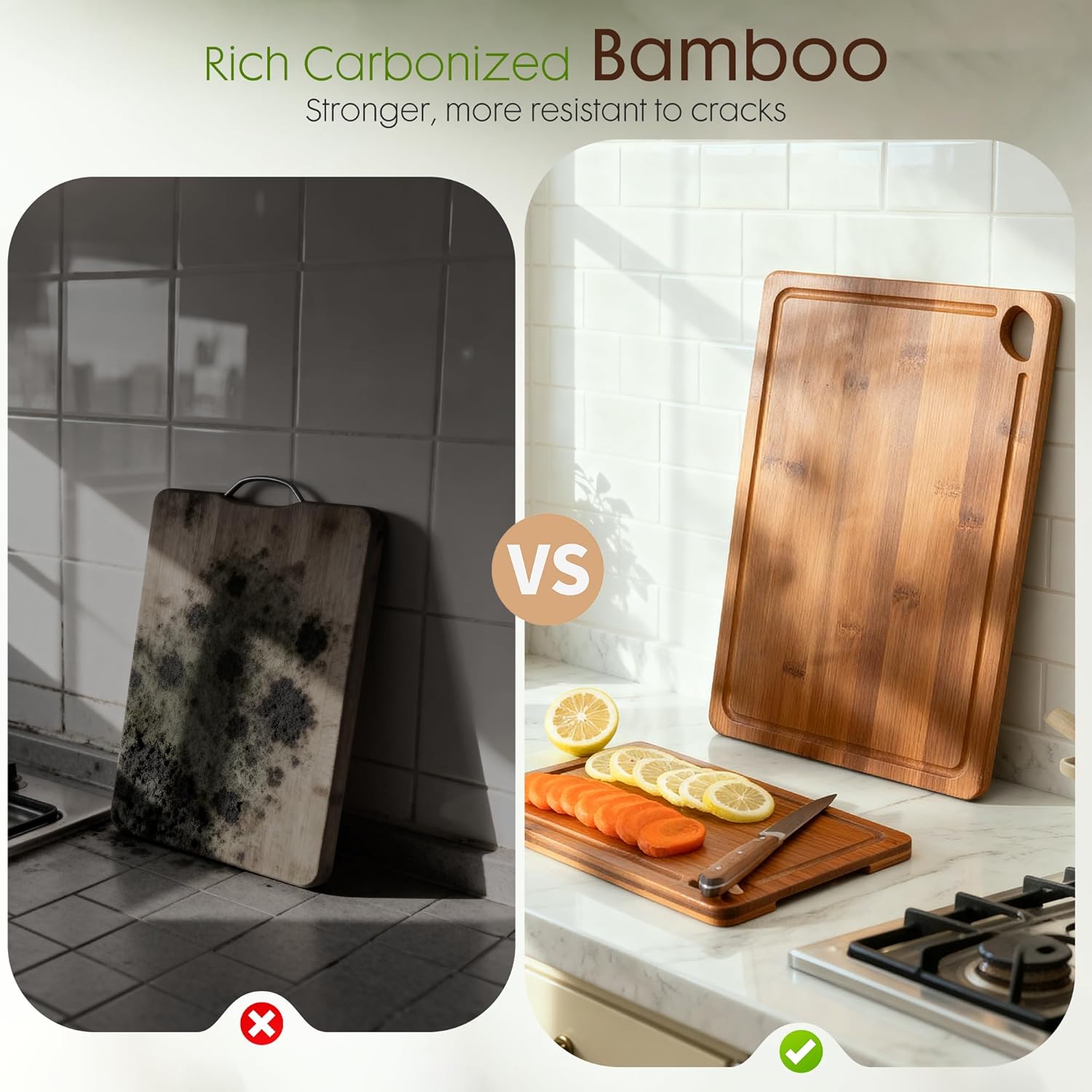 Bamboo Cutting Boards for Kitchen with Wood Storage Stand