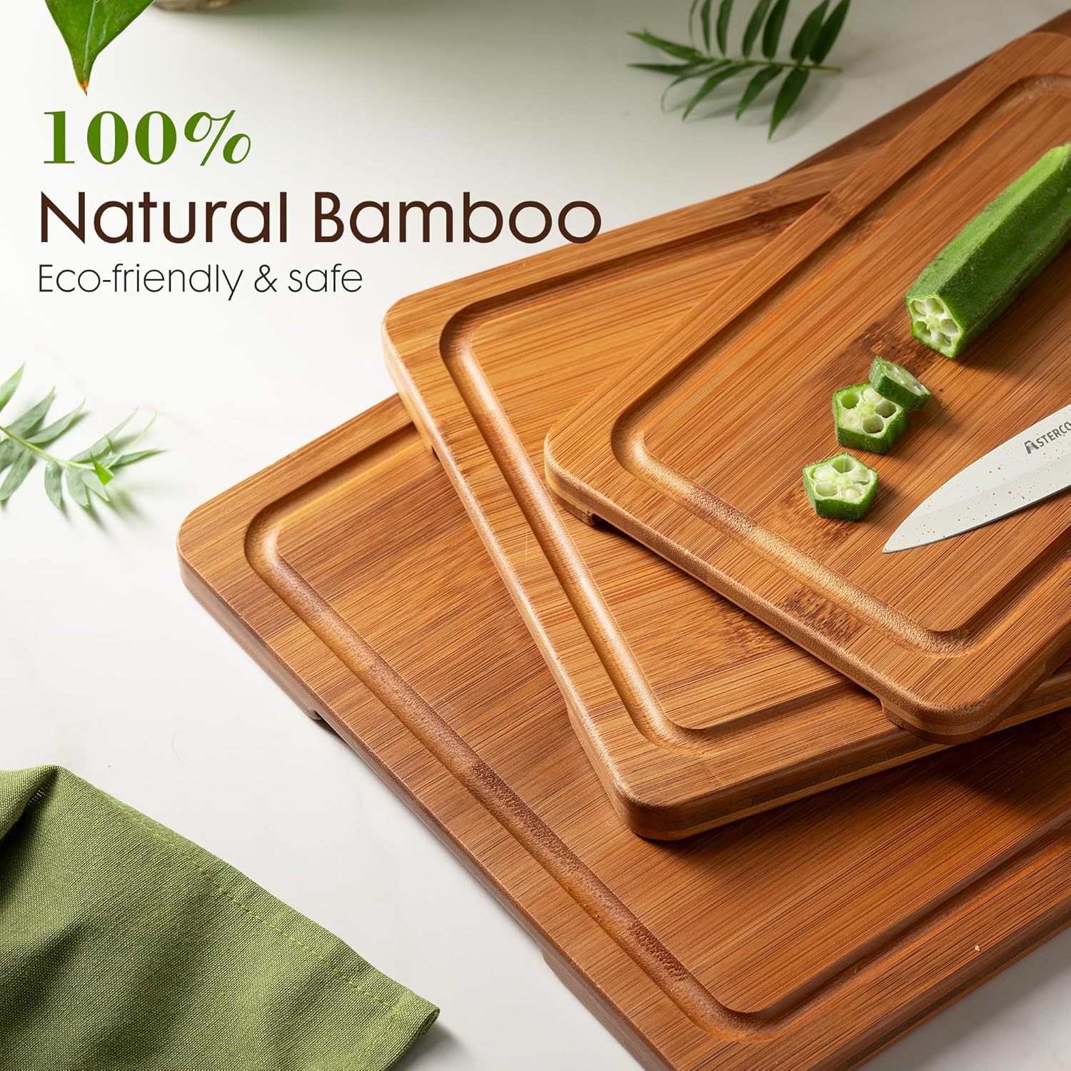Bamboo Cutting Boards for Kitchen with Wood Storage Stand