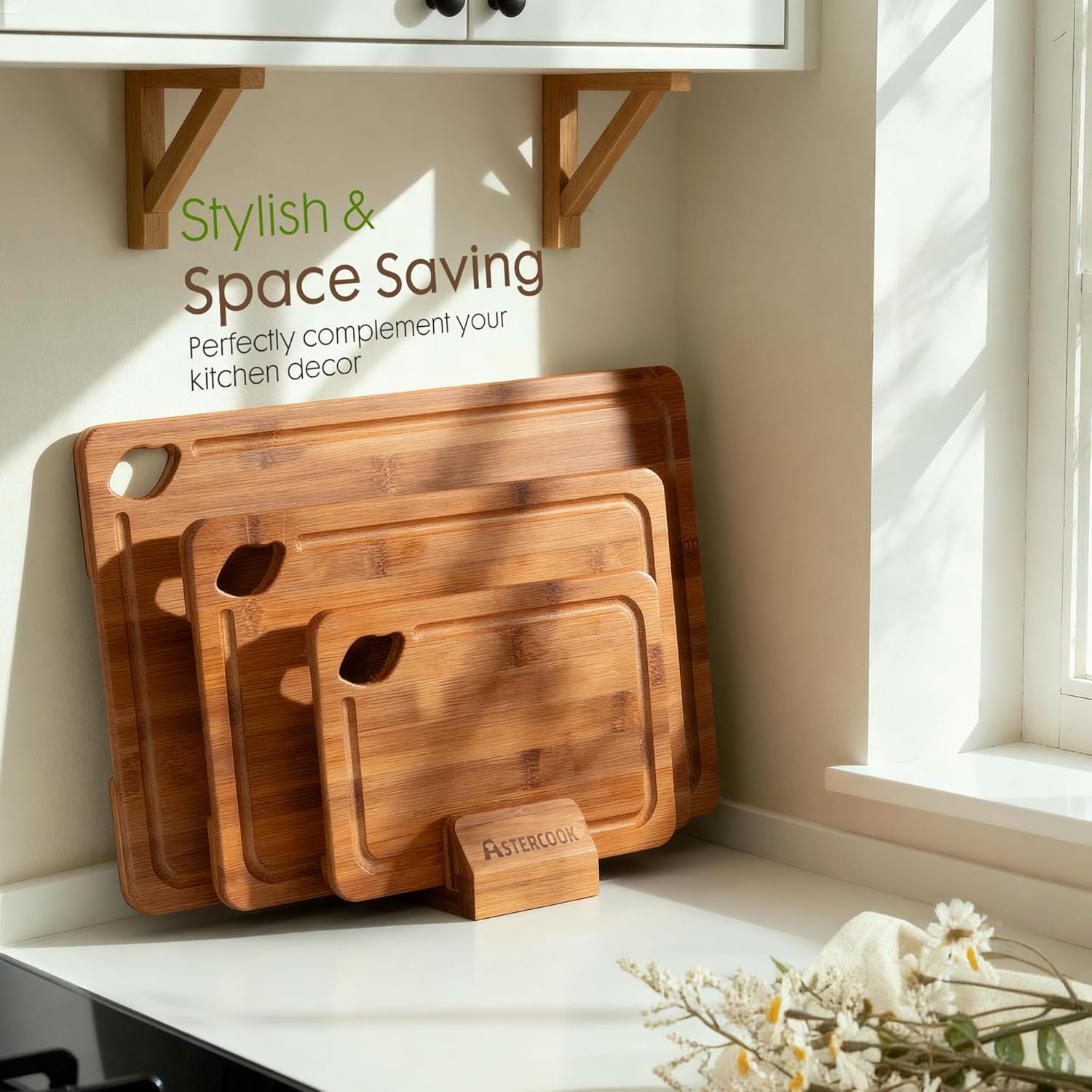 Bamboo Cutting Boards for Kitchen with Wood Storage Stand