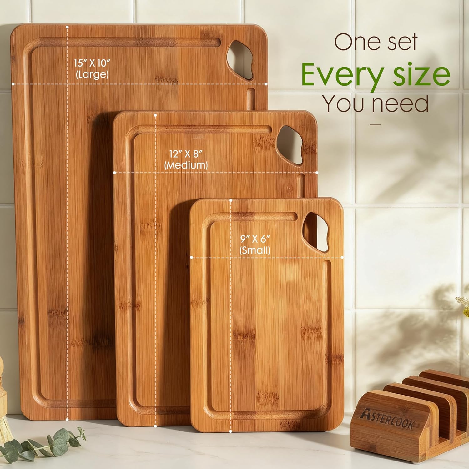 Bamboo Cutting Boards for Kitchen with Wood Storage Stand