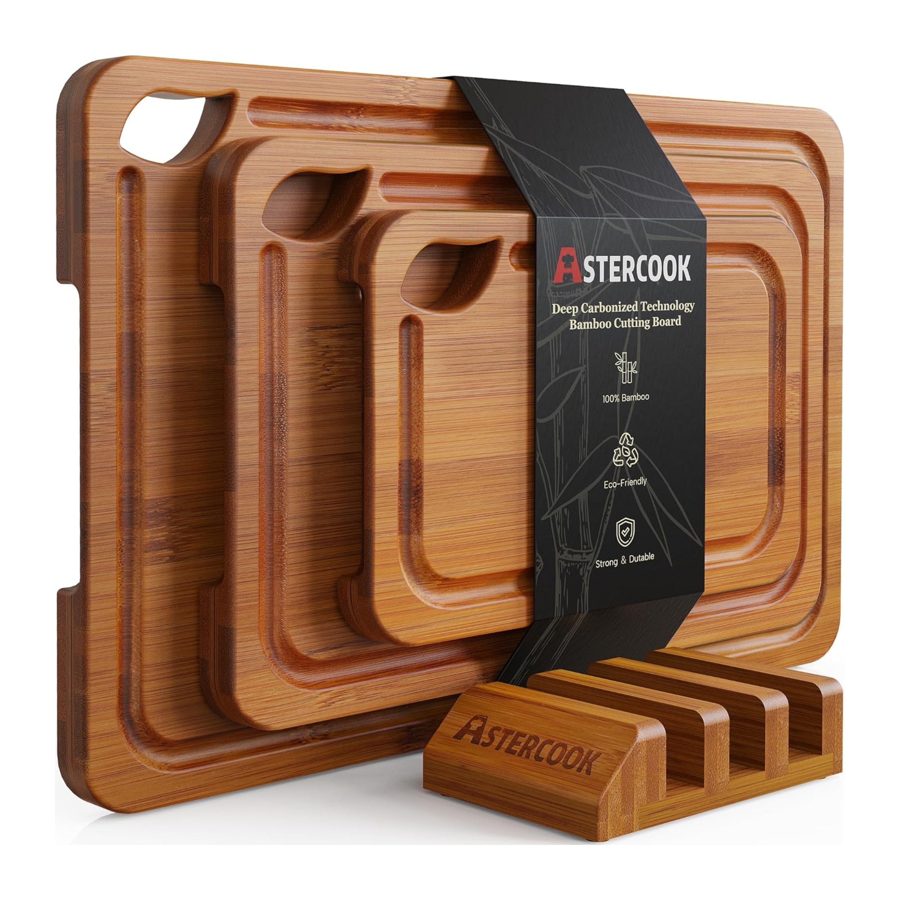Bamboo Cutting Boards for Kitchen with Wood Storage Stand